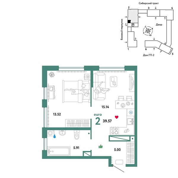 Новая 2-к квартира
 39.57 м² на 13/32 этаже в ЖК «Сибирский сад» в городе Тюмень 