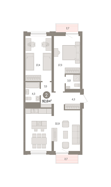 Новая 2-к квартира
 91.4 м² на 5/8 этаже в ЖК «Речной порт» в городе Тюмень 