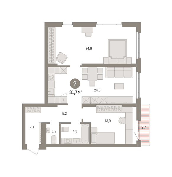 Новая 2-к квартира
 81.7 м² на 14/16 этаже в ЖК «Квартал «Траектория»» в городе Тюмень 