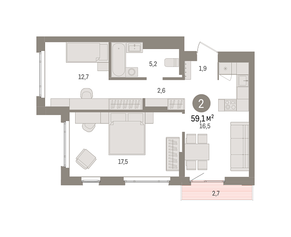 Новая 2-к квартира
 59.1 м² на 14/16 этаже в ЖК «Квартал «Траектория»» в городе Тюмень 