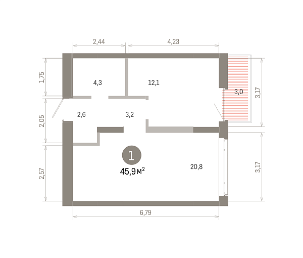 Количество комнат: 1,  45.89 кв.м.