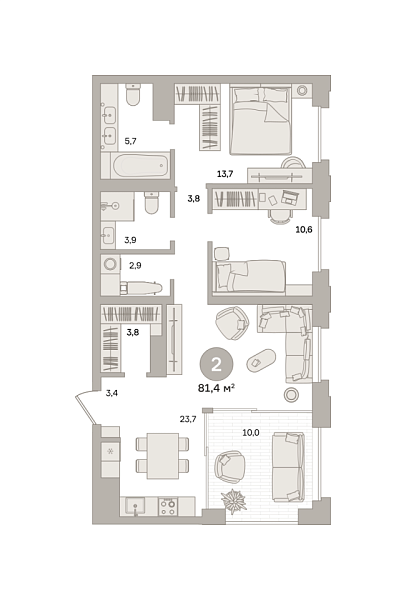 Новая 2-к квартира
 81.44 м² на 26/27 этаже в ЖК «Квартал «МОНС»» в городе Тюмень 