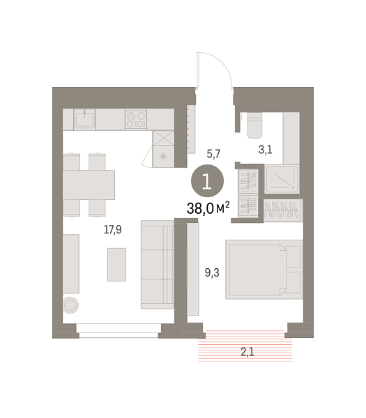 Новая 1-к квартира
 39.53 м² на 3/9 этаже в ЖК «Брусника в Академическом» в городе Тюмень 