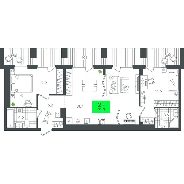 Количество комнат: 2,  91.34 кв.м.