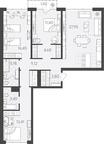 Новая 3-к квартира
 98.12 м² на 4/17 этаже в ЖК «Скандиа. Квартал в Комарово Парк» в городе Тюмень 
