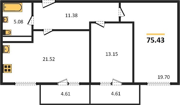 Новая 2-к квартира
 75.43 м² на 16/16 этаже в ЖК «Красная площадь» в городе Тюмень 