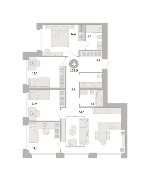 Новая 4-к квартира
 106.9 м² на 2/8 этаже в ЖК «Дом «А»» в городе Тюмень 