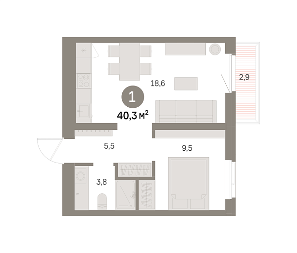 Новая 1-к квартира
 40.25 м² на 5/9 этаже в ЖК «Шишимская горка» в городе Тюмень 