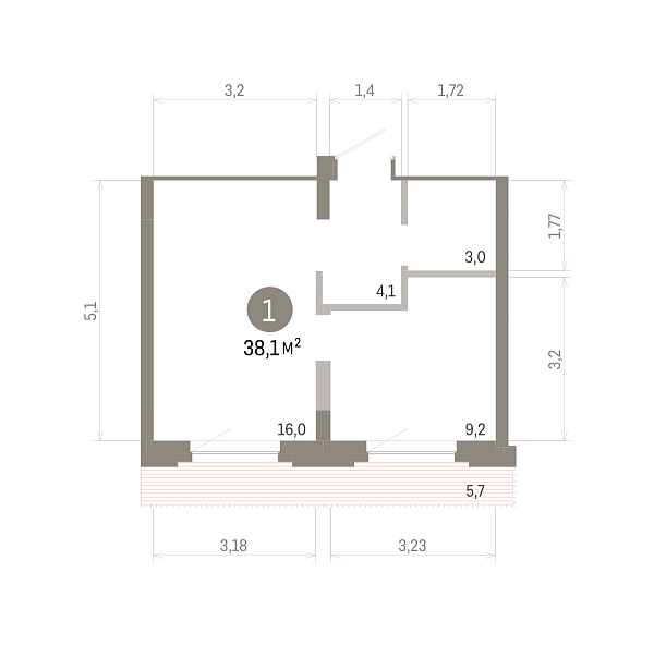 Количество комнат: 1,  38.05 кв.м.