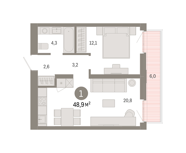 Новая 1-к квартира
 48.87 м² на 3/8 этаже в ЖК «Республики 205» в городе Тюмень 