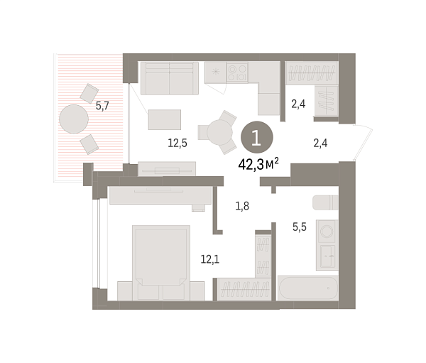 Новая 1-к квартира
 42.3 м² на 6/8 этаже в ЖК «Европейский квартал» в городе Тюмень 