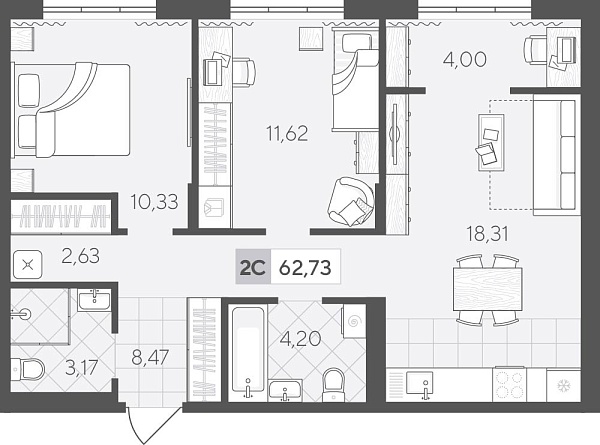 Новая 2-к квартира
 62.73 м² на 2/4 этаже в ЖК «Скандиа. Квартал у Озера» в городе Тюмень 