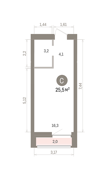 Количество комнат: Студия,  25.5 кв.м.