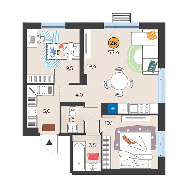 Новая 2-к квартира
 53.4 м² на 3/25 этаже в ЖК «Корней» в городе Тюмень 