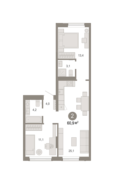 Новая 2-к квартира
 60.91 м² на 2/7 этаже в ЖК «Октябрьский на Туре» в городе Тюмень 