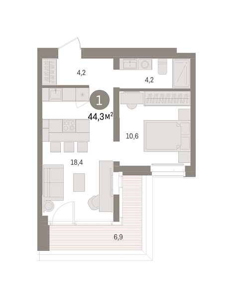 Новая 1-к квартира
 44.31 м² на 12/16 этаже в ЖК «Кварталы «На Минской»» в городе Тюмень 