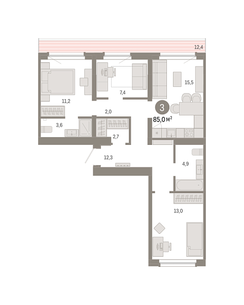 Новая 2-к квартира
 84.96 м² на 8/9 этаже в ЖК «Брусника в Академическом» в городе Тюмень 