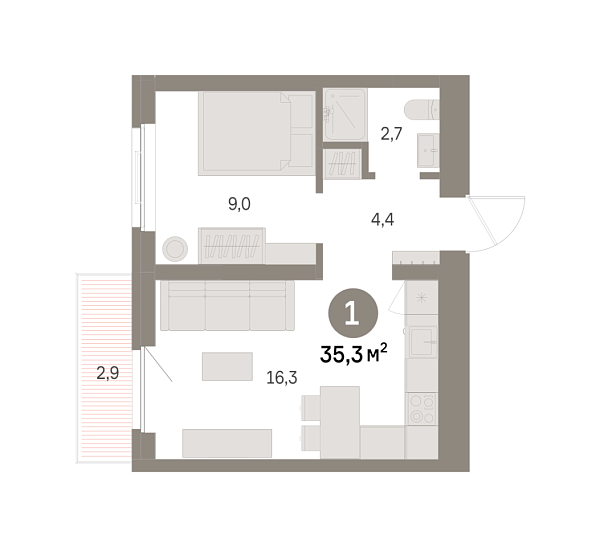 Новая 1-к квартира
 35.26 м² на 4/9 этаже в ЖК «Шишимская горка» в городе Тюмень 