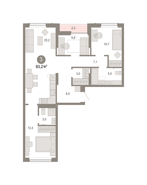 Новая 3-к квартира
 83.24 м² на 3/9 этаже в ЖК «Октябрьский на Туре» в городе Тюмень 