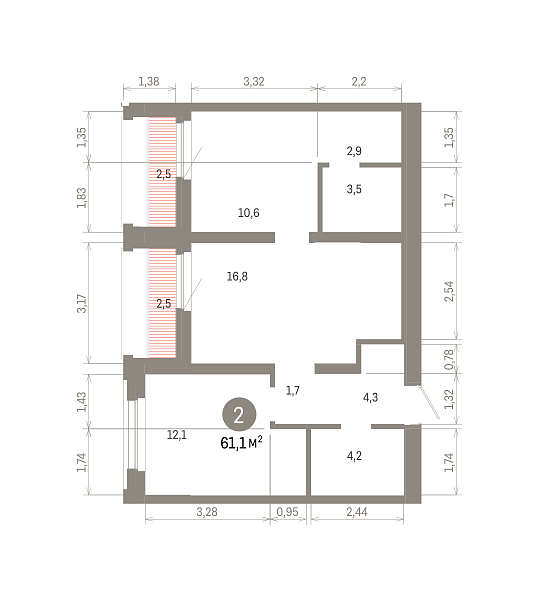 Количество комнат: 2,  61.05 кв.м.