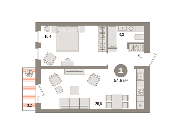 Новая 1-к квартира
 54.77 м² на 2/15 этаже в ЖК «Новин» в городе Тюмень 