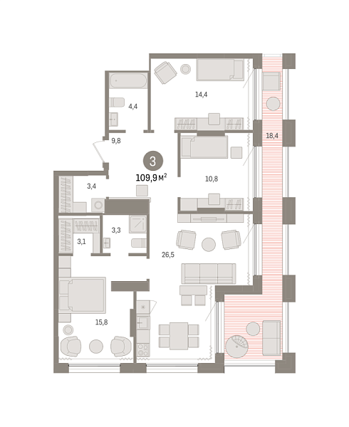 Новая 3-к квартира
 109.91 м² на 17/17 этаже в ЖК «Октябрьский на Туре» в городе Тюмень 