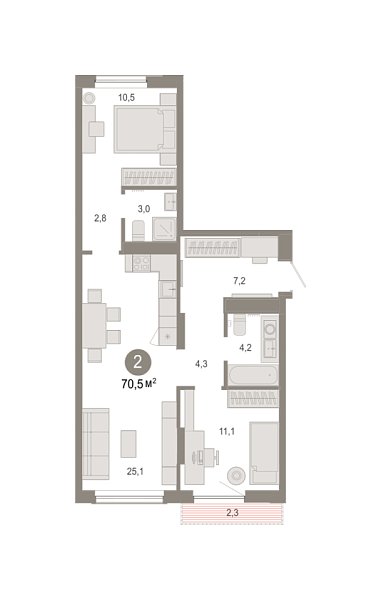 Новая 2-к квартира
 70.46 м² на 4/7 этаже в ЖК «Октябрьский на Туре» в городе Тюмень 
