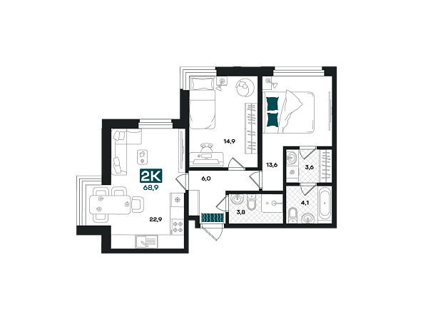 Новая 2-к квартира
 68.9 м² на 2/23 этаже в ЖК «Добро» в городе Тюмень 