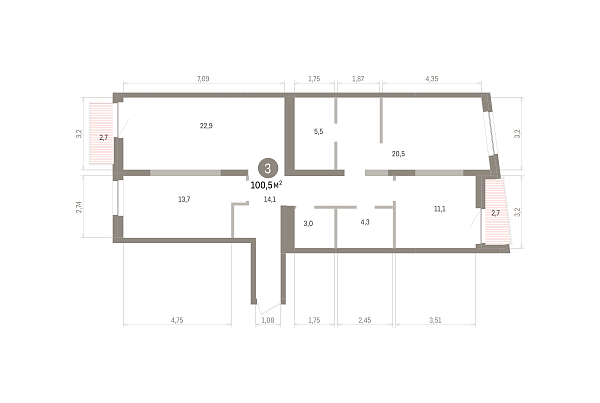 Количество комнат: 3,  100.5 кв.м.