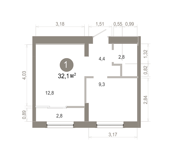 Количество комнат: 1,  32.07 кв.м.
