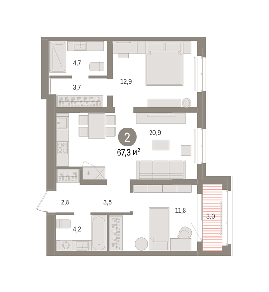 Новая 2-к квартира
 67.29 м² на 5/7 этаже в ЖК «Кварталы «На Минской»» в городе Тюмень 