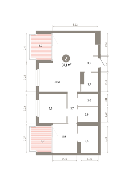 Количество комнат: 2,  87.08 кв.м.