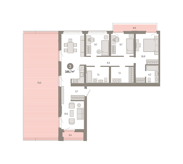 Новая 3-к квартира
 186.65 м² на 3/8 этаже в ЖК «Республики 205» в городе Тюмень 