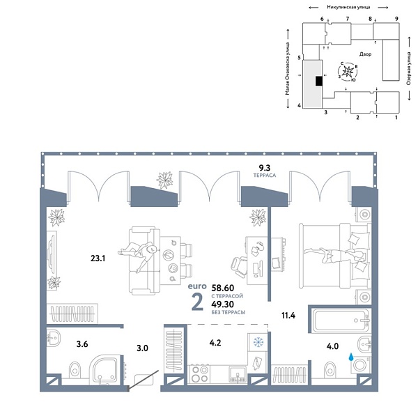 Новая 2-к квартира
 58.6 м² на 19/30 этаже в ЖК «Страна.Озёрная» в городе Тюмень 