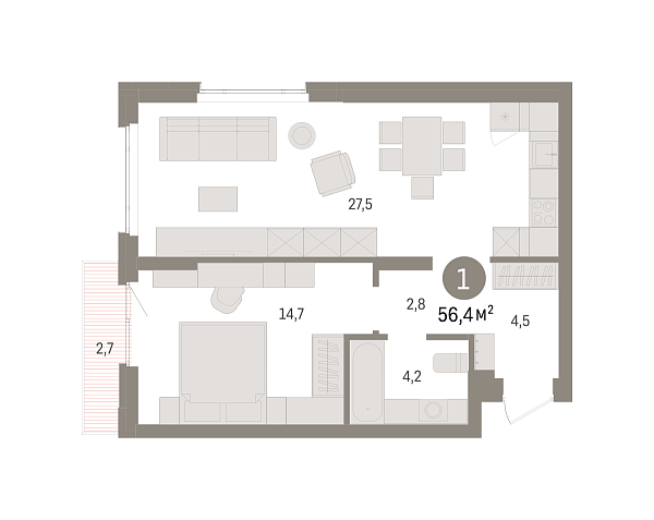 Новая 1-к квартира
 56.4 м² на 9/16 этаже в ЖК «Квартал «Траектория»» в городе Тюмень 