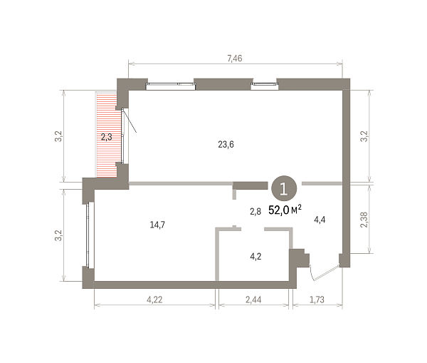 Количество комнат: 1,  52 кв.м.