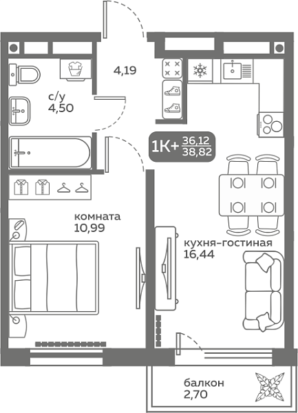 Новая 1-к квартира
 36.12 м² на 3/20 этаже в ЖК «Меридиан Слобода» в городе Тюмень 