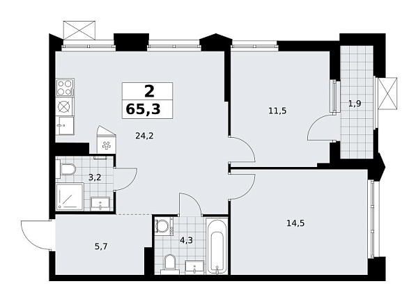 Новая 2-к квартира
 65.3 м² на 19/22 этаже в ЖК «Деснаречье» в городе Тюмень 