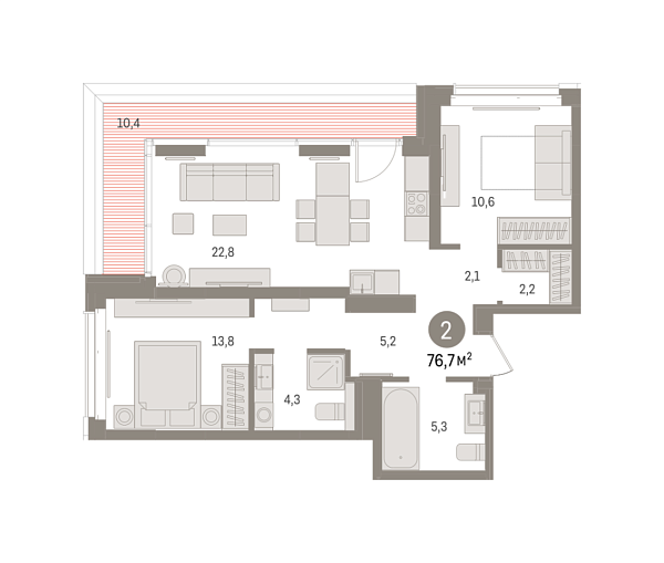 Новая 2-к квартира
 76.68 м² на 6/16 этаже в ЖК «Кварталы «На Минской»» в городе Тюмень 