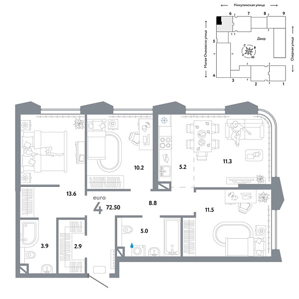 Новая 4-к квартира
 72.5 м² на 11/30 этаже в ЖК «Страна.Озёрная» в городе Тюмень 