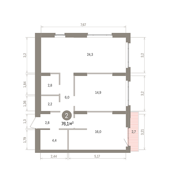 Количество комнат: 2,  76.1 кв.м.