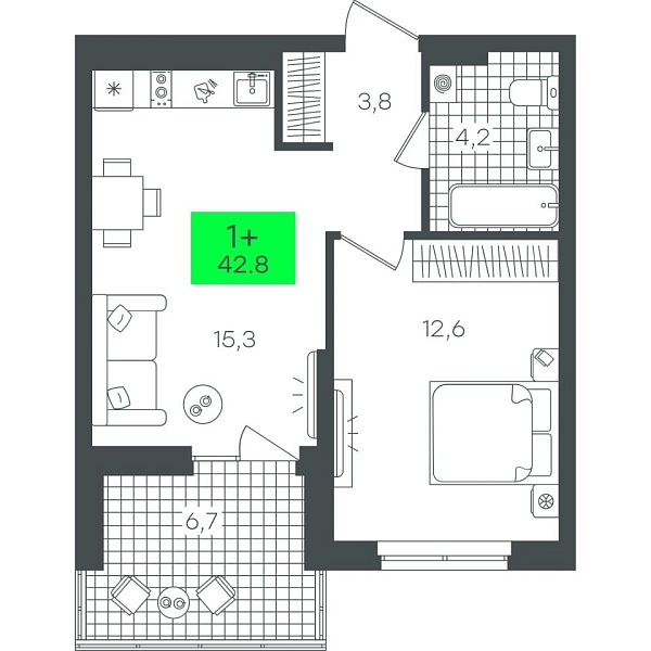 Новая 1-к квартира
 42.87 м² на 3/22 этаже в ЖК «Гранд Квартал» в городе Тюмень 