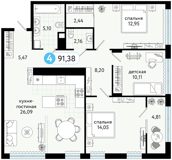 Новая 3-к квартира
 91.38 м² на 11/14 этаже в ЖК «Квартал на Московском» в городе Тюмень 