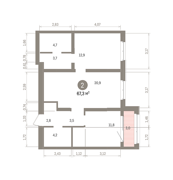 Количество комнат: 2,  67.29 кв.м.