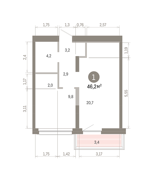 Количество комнат: 1,  46.2 кв.м.
