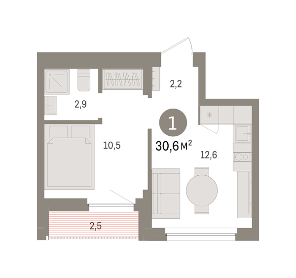Новая 1-к квартира
 30.36 м² на 7/8 этаже в ЖК «Зарека» в городе Тюмень 