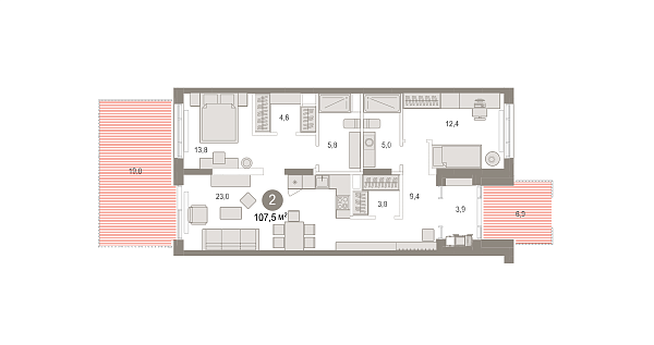 Новая 2-к квартира
 107.54 м² на 1/9 этаже в ЖК «Октябрьский на Туре» в городе Тюмень 