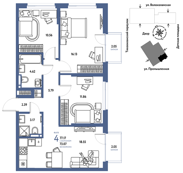 Новая 4-к квартира
 77.17 м² на 17/20 этаже в ЖК «Страна.Прибрежная» в городе Тюмень 