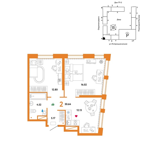 Новая 2-к квартира
 50.64 м² на 13/16 этаже в ЖК «Юнион» в городе Тюмень 