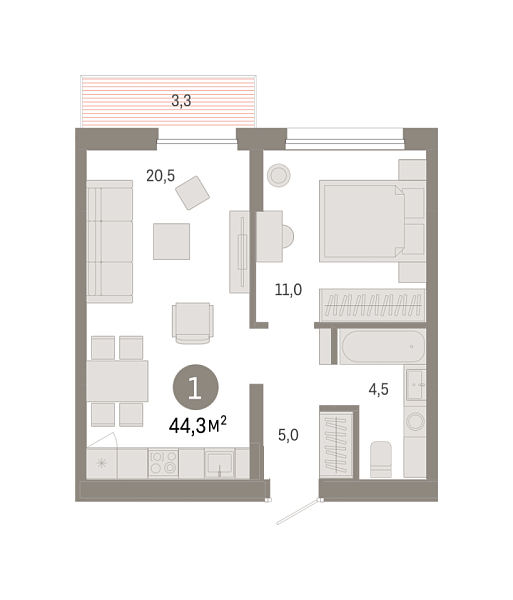 Новая 1-к квартира
 44.25 м² на 5/9 этаже в ЖК «Республики 205» в городе Тюмень 